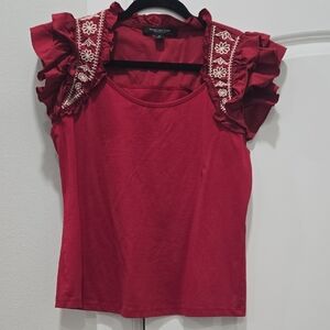 Marc New York Red Ruffled Blouse with Floral Embroidery